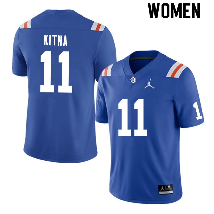 Women's NCAA Florida Gators Jalen Kitna #11 Stitched Authentic Nike Blue Throwback College Football Jersey BVB1665GL